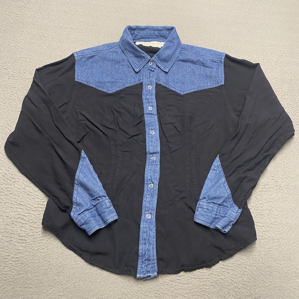 Vintage Adobe Rose Shirt Womens M Black Denim Western Snap Button Rayon 90s